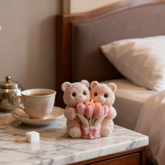 3D Teddy Bear Holding Flower Bouquet Silicone Candle Mold