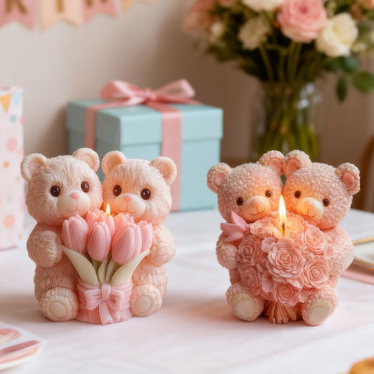 3D Teddy Bear Holding Flower Bouquet Silicone Candle Mold