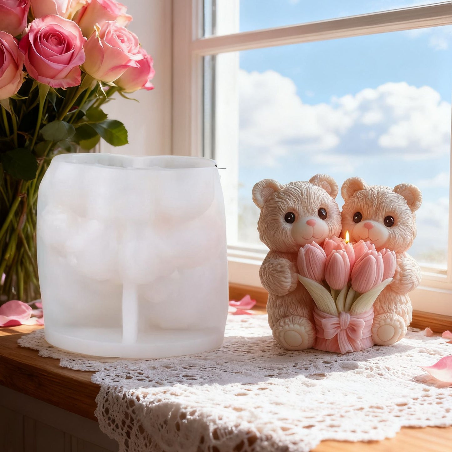 3D Teddy Bear Holding Flower Bouquet Silicone Candle Mold