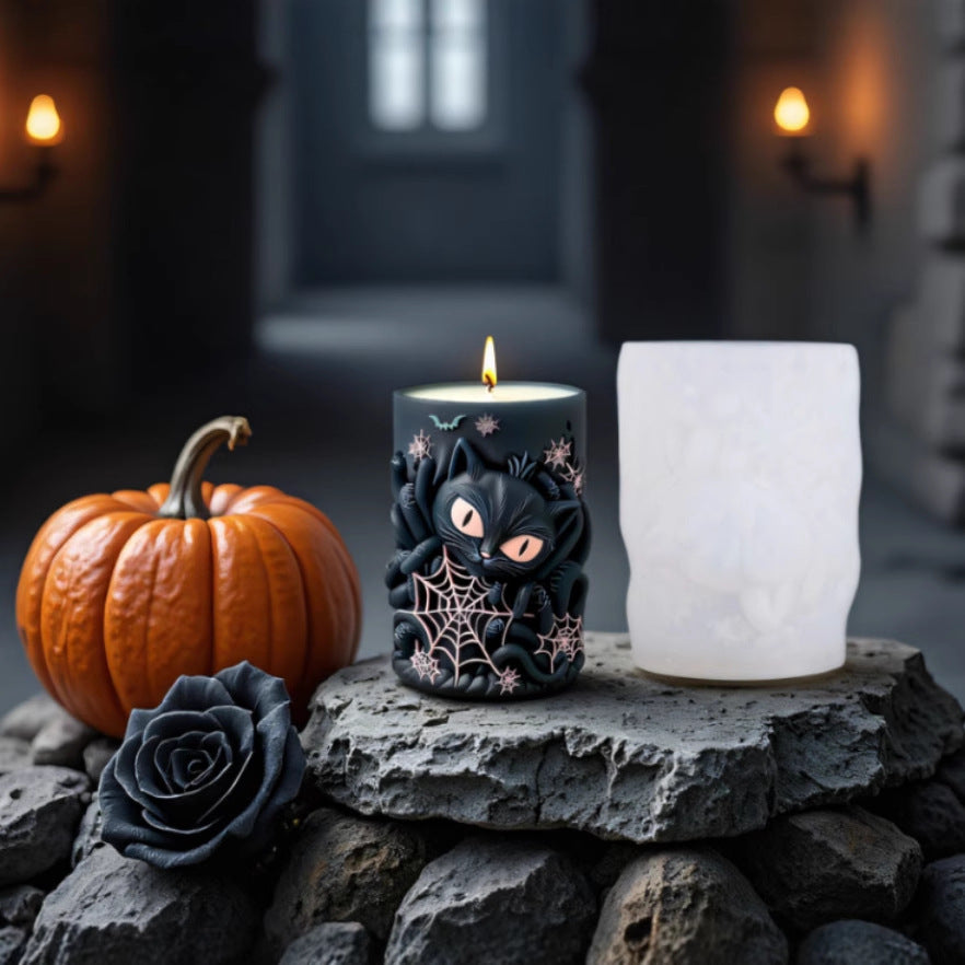 3D Black Cat and Spider Web Silicone Candle Mold