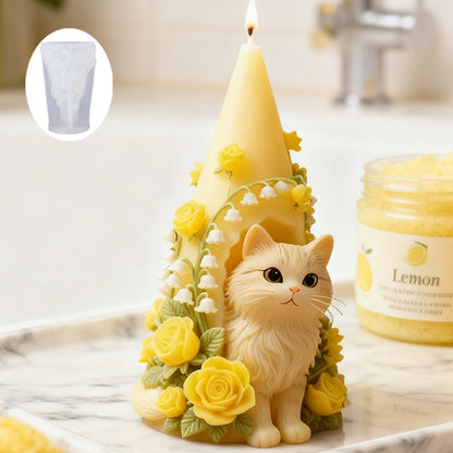 Realistic Cat in Flower House Scented Candle Silicone Mold