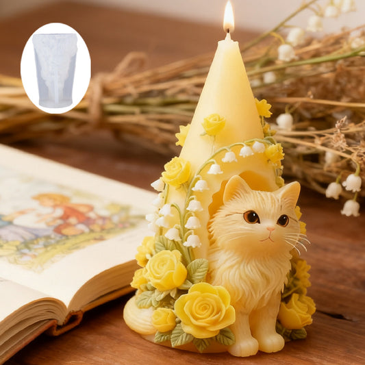 Realistic Cat in Flower House Scented Candle Silicone Mold