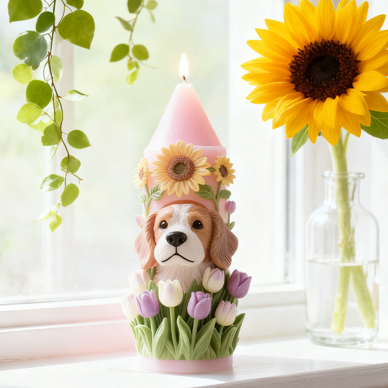 Cute Puppy with Sunflower & Tulip Silicone Candle Mold