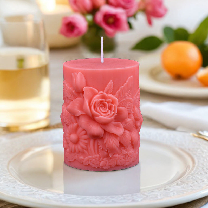 Victorian Rose Carved Pillar Silicone Candle Mold