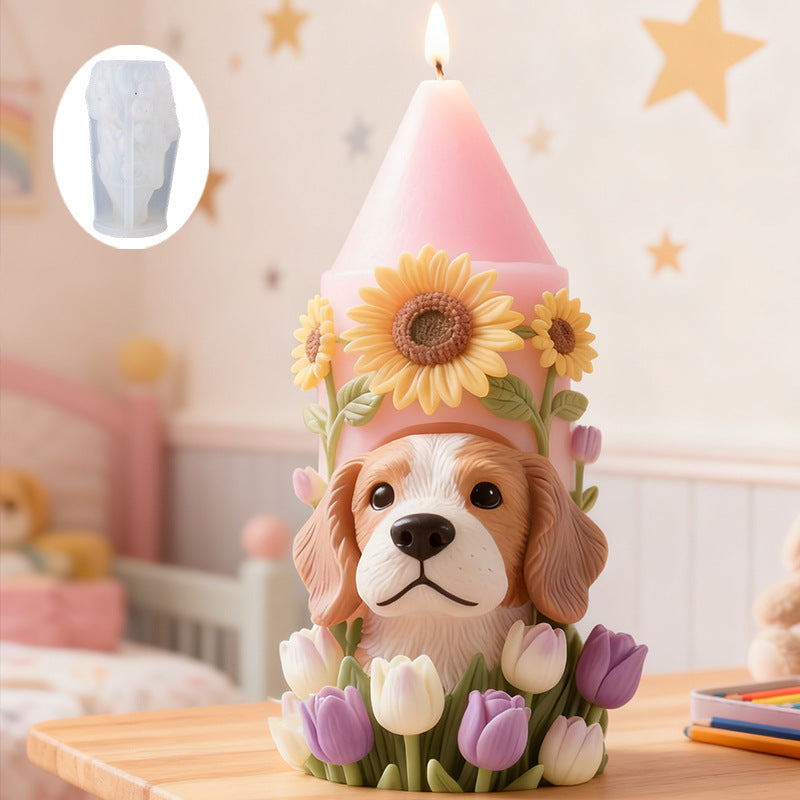Cute Puppy with Sunflower & Tulip Silicone Candle Mold