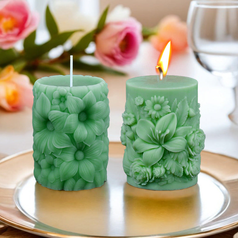 Victorian Rose Carved Pillar Silicone Candle Mold