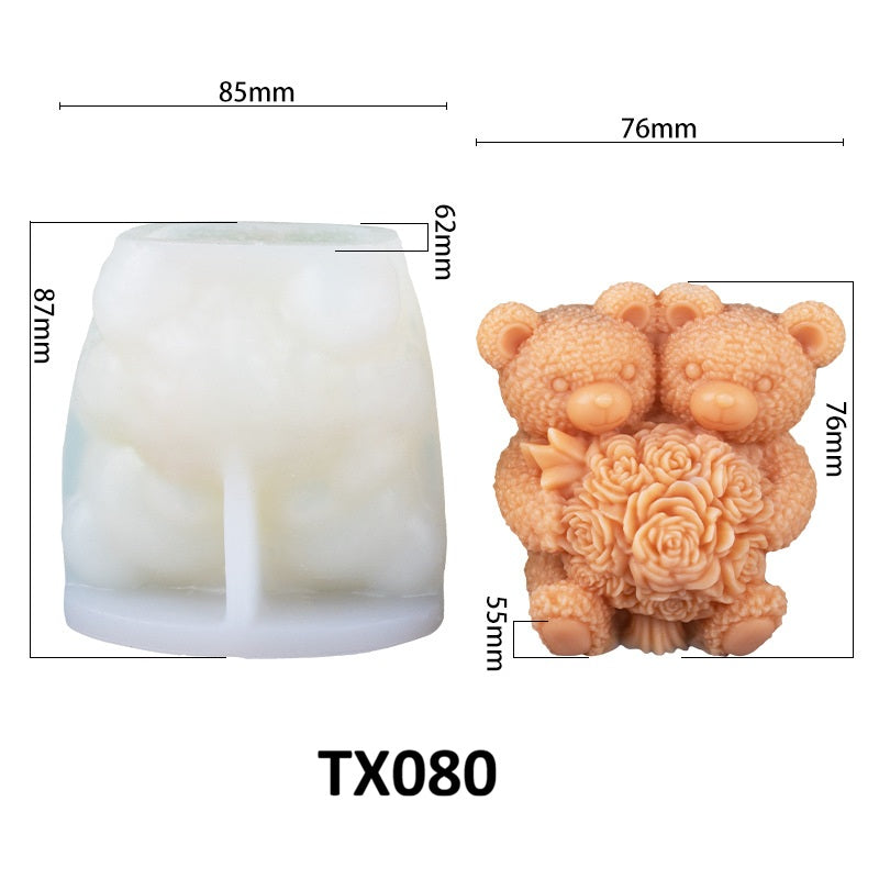3D Teddy Bear Holding Flower Bouquet Silicone Candle Mold