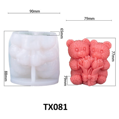 3D Teddy Bear Holding Flower Bouquet Silicone Candle Mold