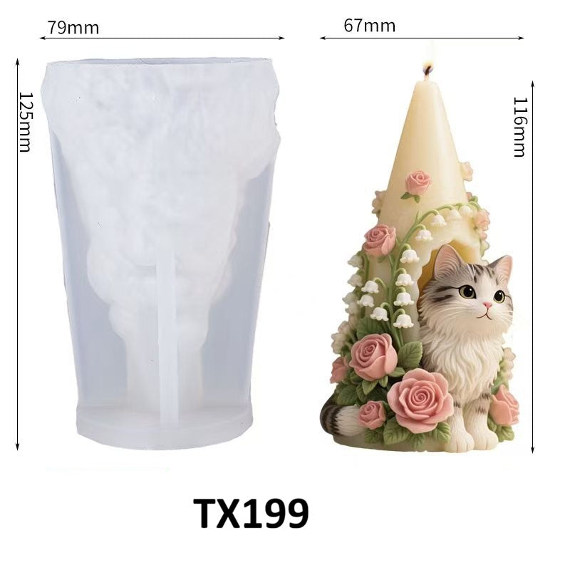 Realistic Cat in Flower House Scented Candle Silicone Mold