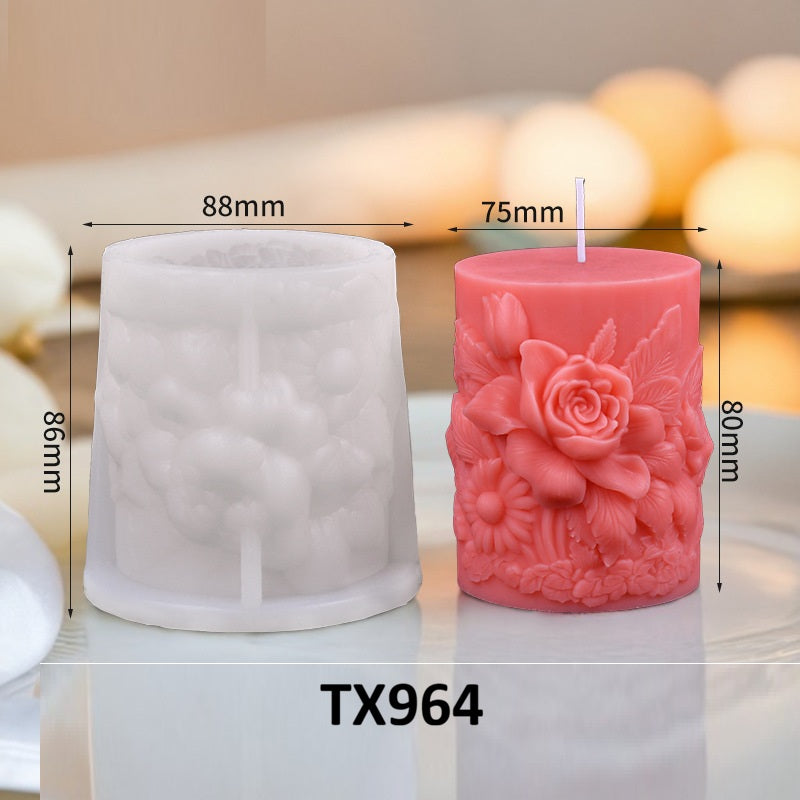 Victorian Rose Carved Pillar Silicone Candle Mold